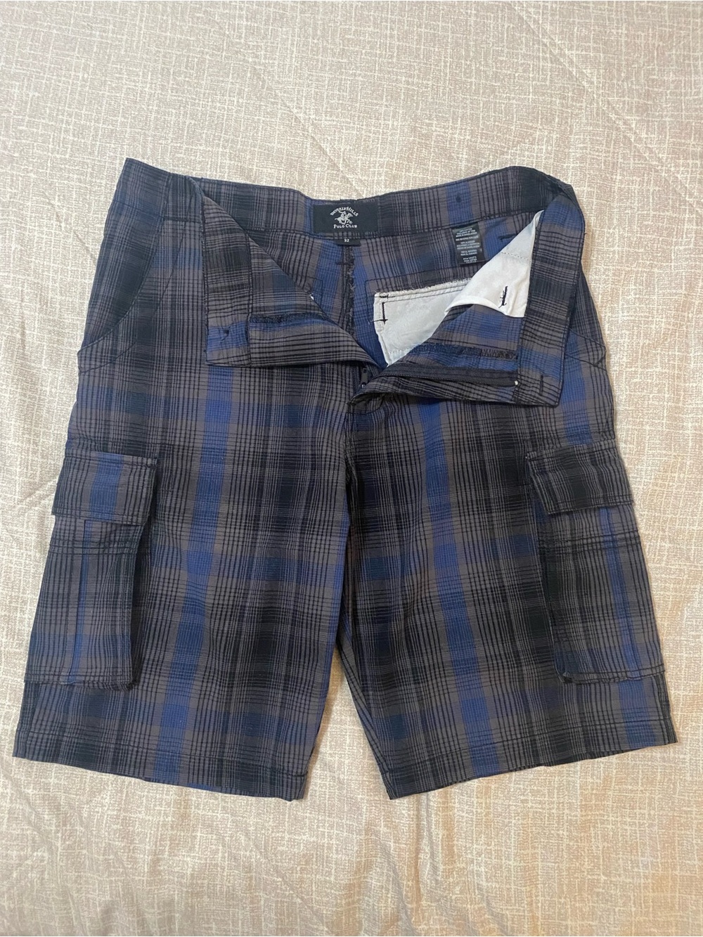 Beverly Hills Polo Club Blue and Black Plaid Cargo Shorts